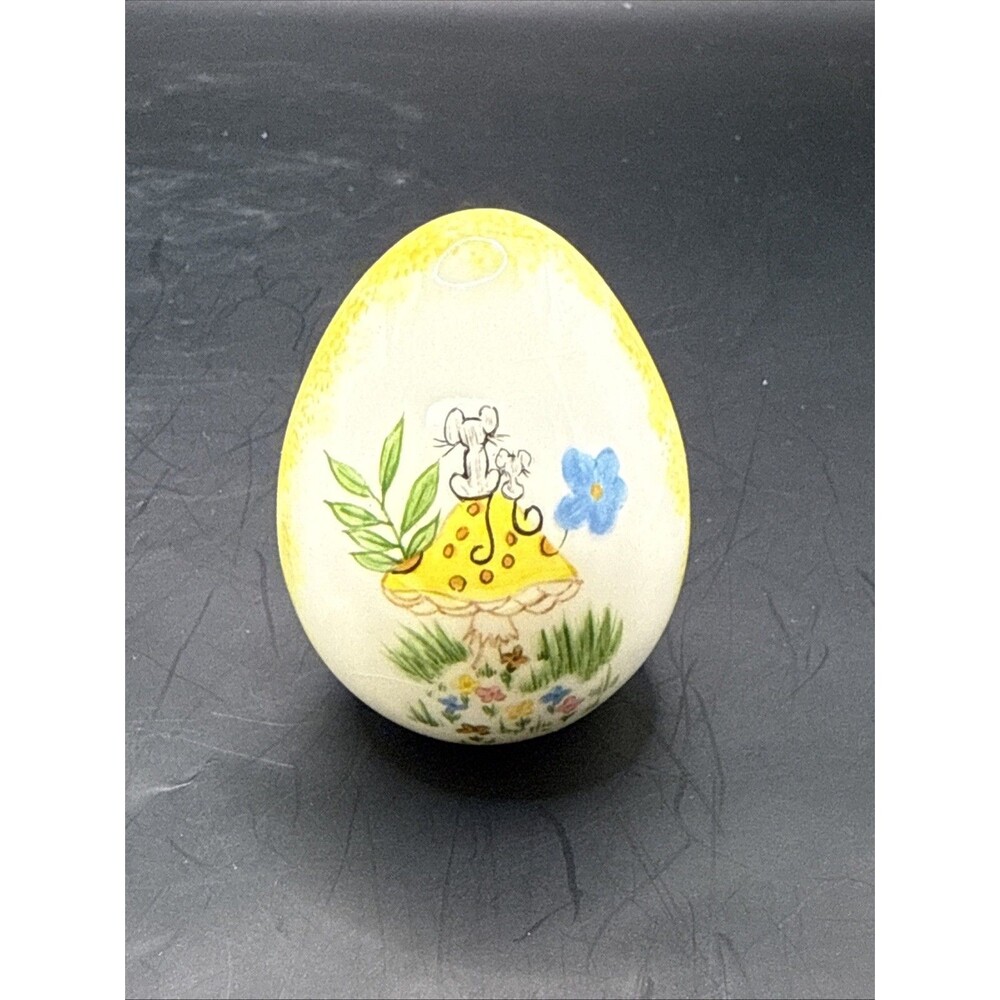 Hand-painted porcelain egg mice on a mushroom signed dated 1979